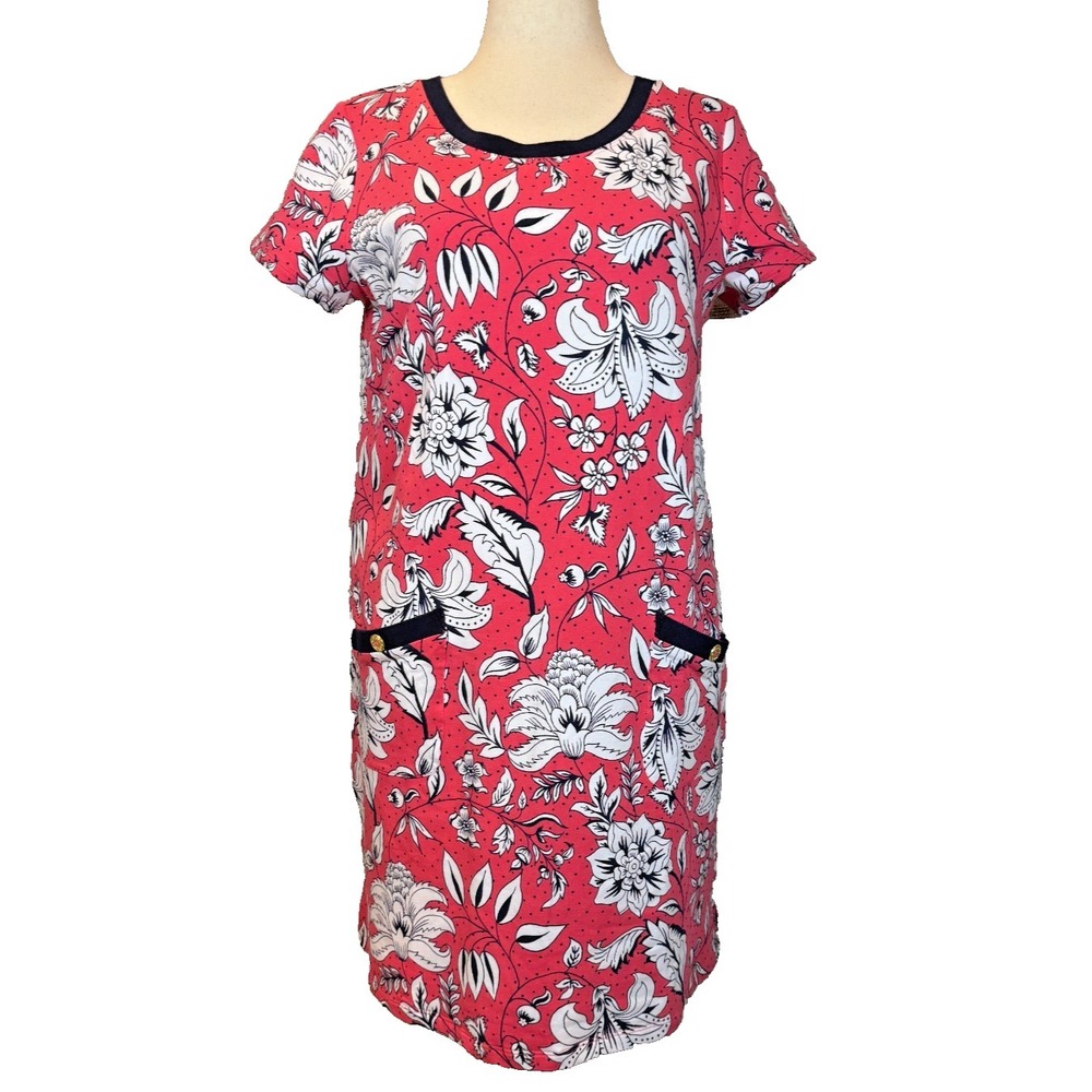 Susan Graver Weekend Sheath Dress Women's M Coral Floral Cotton Spandex Pockets